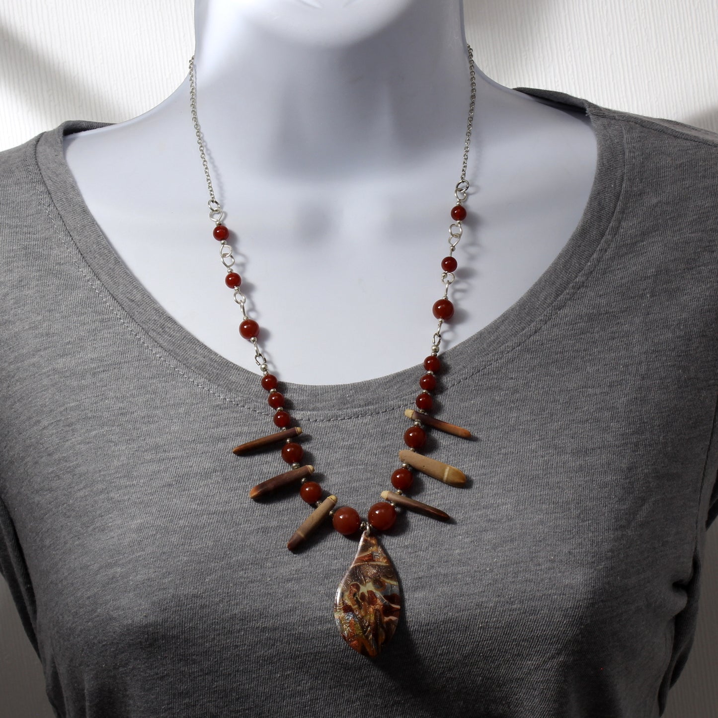 Red Carnelian, Sea Urchin and Polymer Clay Necklace N200005