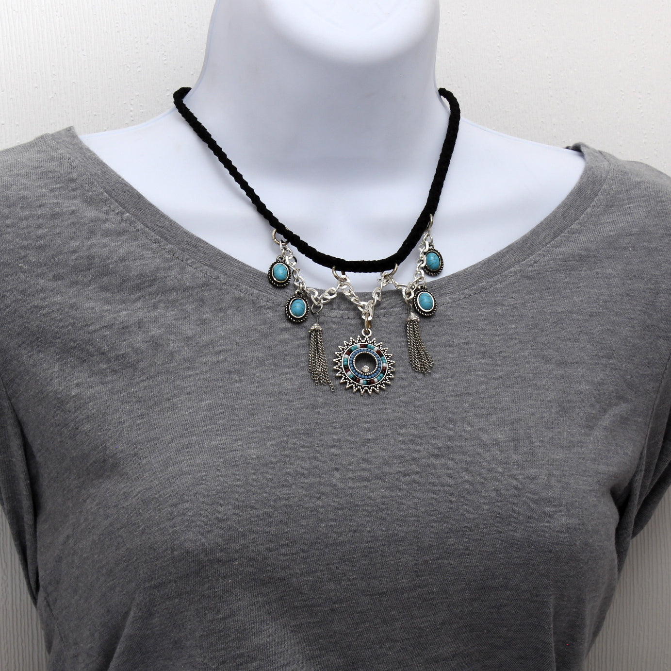 Braided Black Suede With Blue Accents Necklace N210075