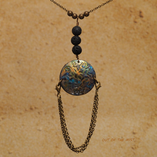 Lave Stone With Stamped Polymer Clay Disk Necklace N200080