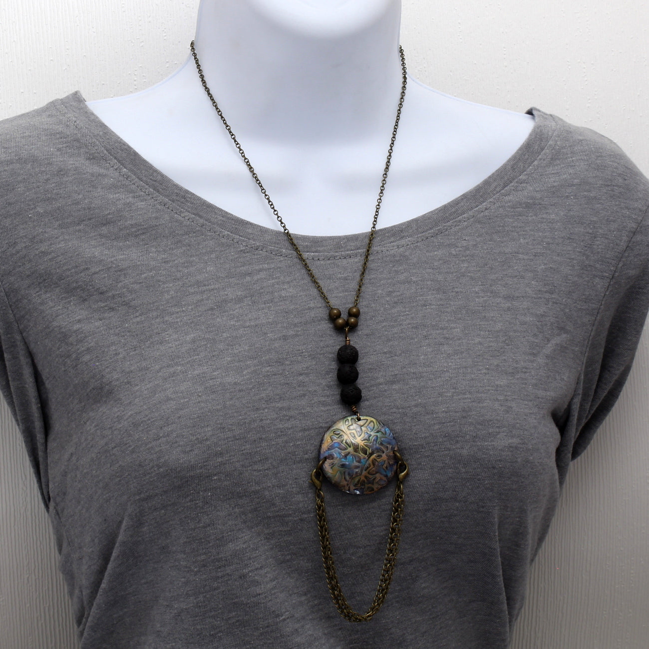 Lave Stone With Stamped Polymer Clay Disk Necklace N200080