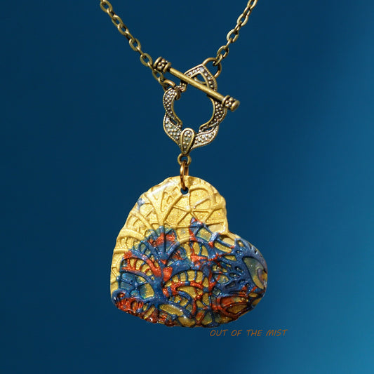 Blue Gold Textured Heart Polymer Clay Necklace N210135