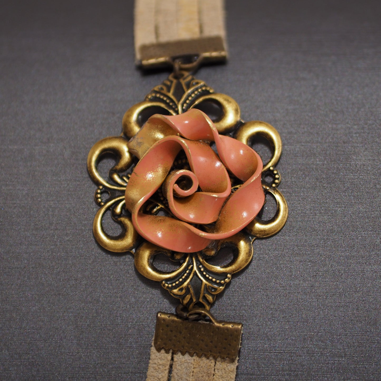 Tan Suede with Handpainted Rose Bracelet B220021